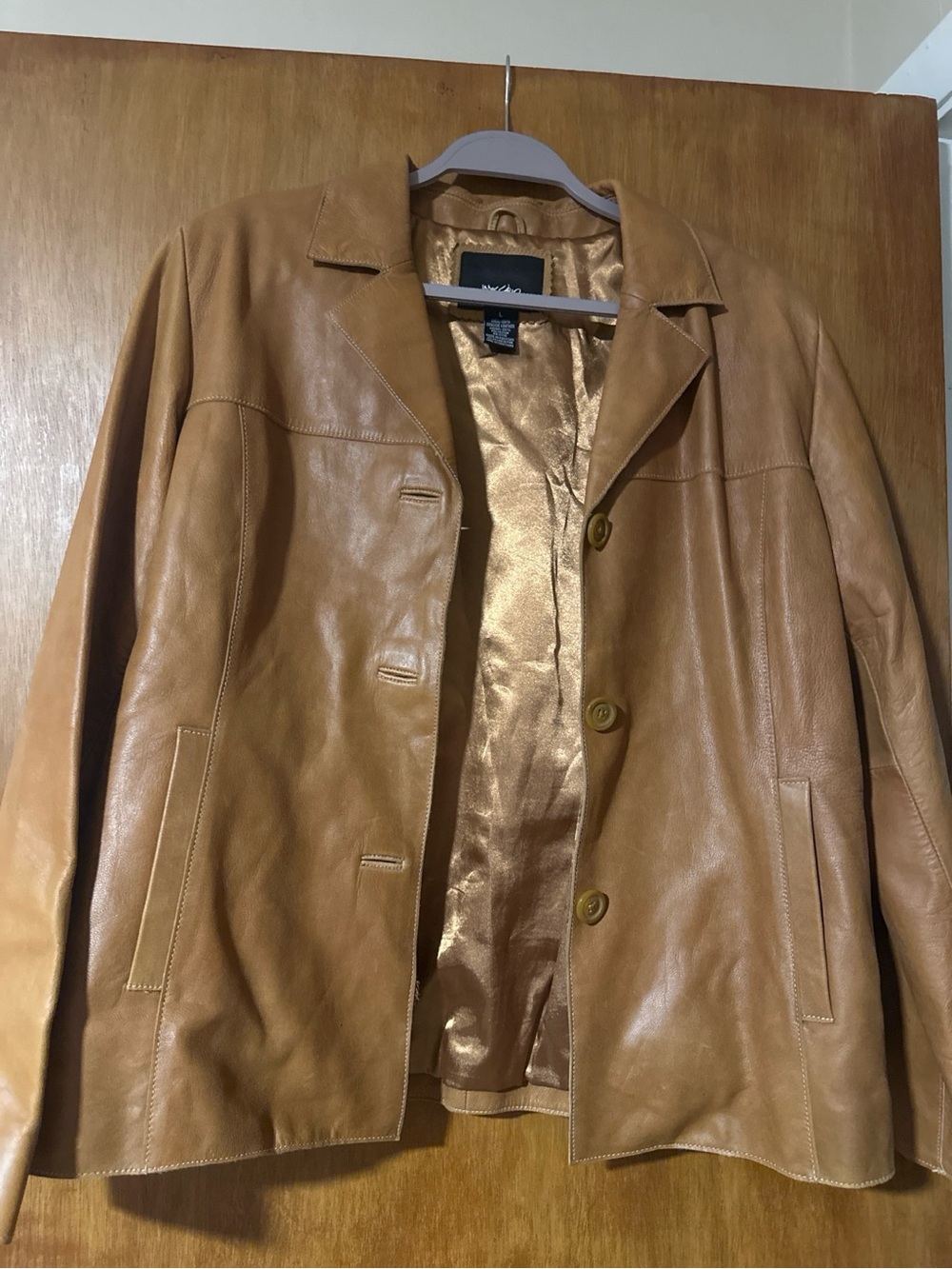 Women Tan Leather Blazer- Classic Button Front